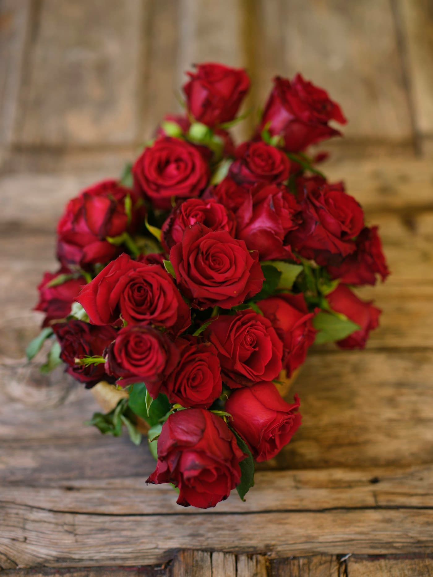 Bouquet de roses rouges, composition serrée sur bois brut